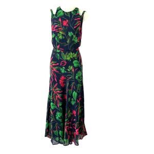 Neiman Marcus Dark Floral Tropical Maxi Dress Women Size 12 Navy Cutout Shoulder